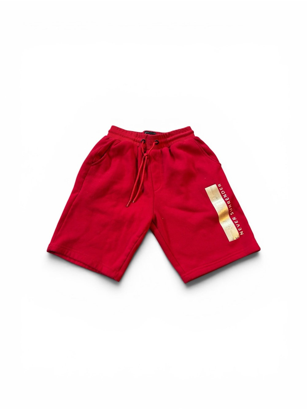 Never Give Up Red Men’s Athletic Shorts with Gold Accent